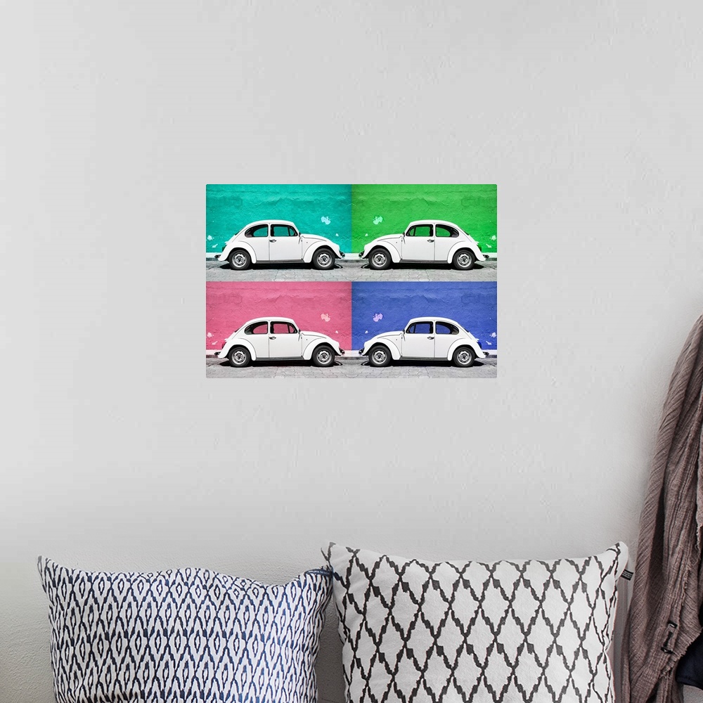 A bohemian room featuring Quadriptych photograph of a classic Volkswagen Beetle in front of colorful, bright walls. From th...