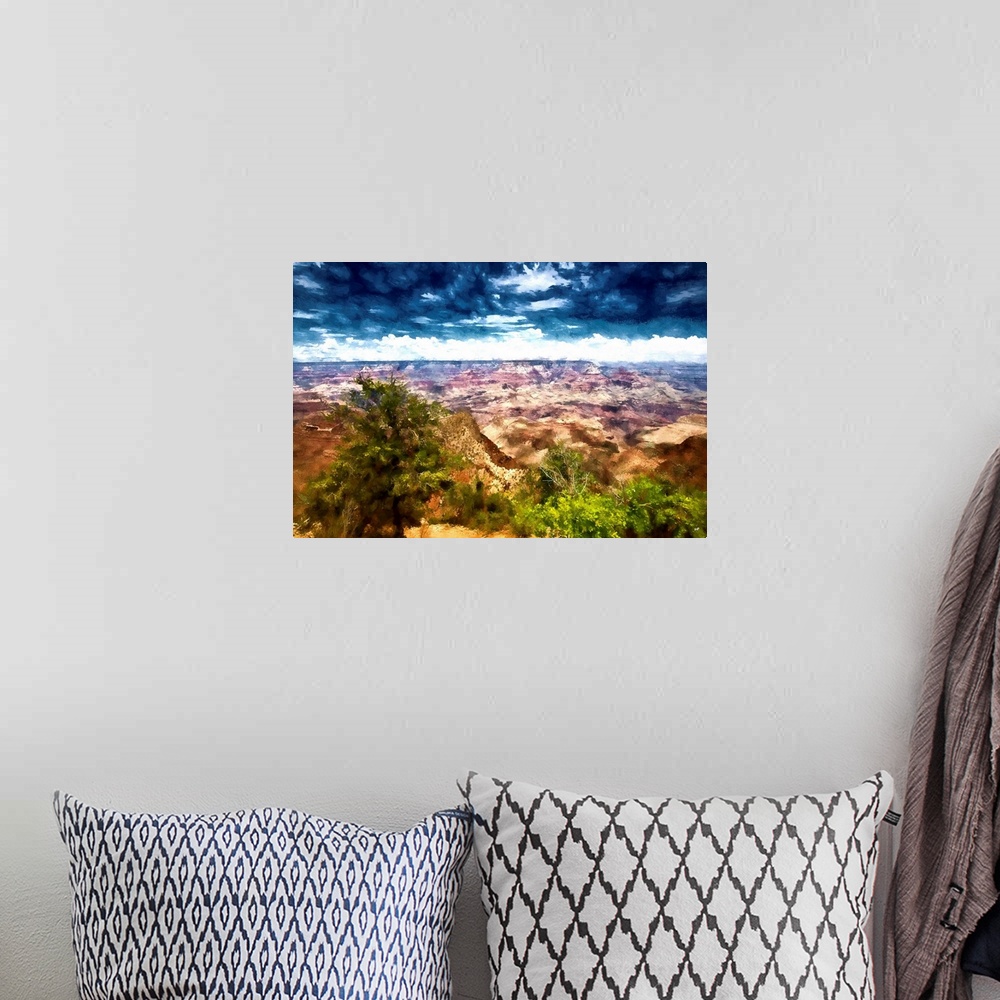 A bohemian room featuring A photograph of a desert landscape with a painterly effect.