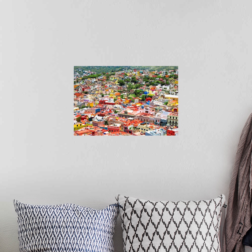 A bohemian room featuring Aerial photograph of the city of Guanajuato, Mexico, with colorful buildings. From the Viva Mexic...