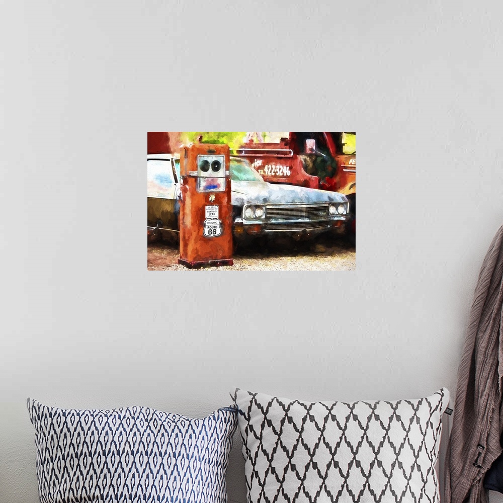 A bohemian room featuring A photograph of a western gas station with a painterly effect.