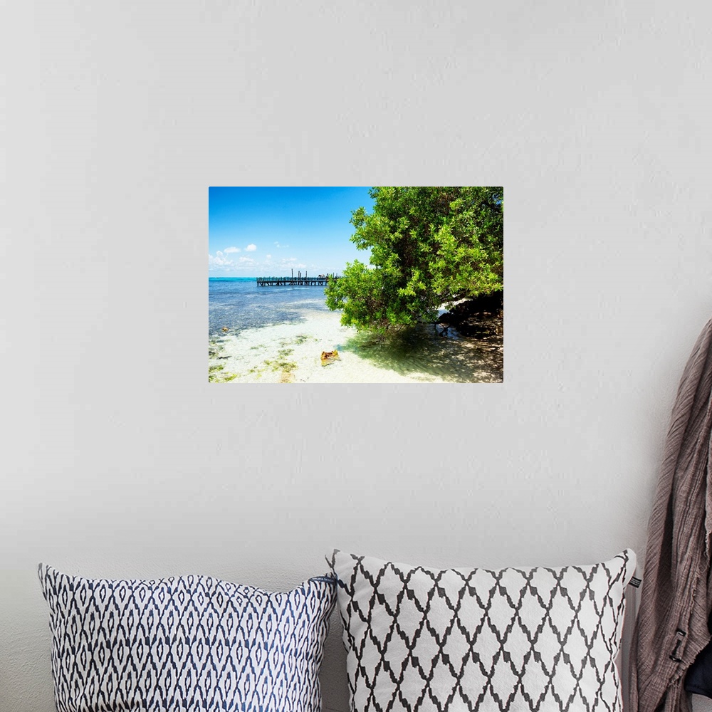 A bohemian room featuring Landscape photograph of Isla Mujeres in the Caribbean, Mexico. From the Viva Mexico Collection.