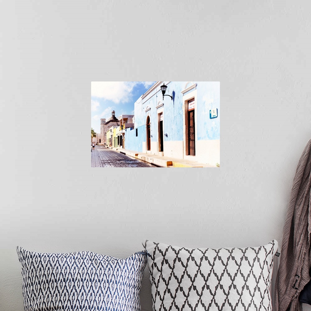 A bohemian room featuring Photograph of a Campeche street view with a light blue building in front. From the Viva Mexico Co...