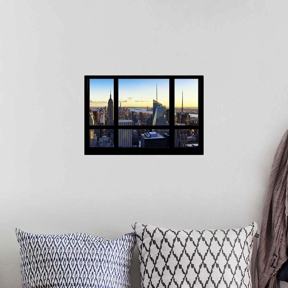 A bohemian room featuring New York skyline in the early evening, with a faux window pane effect.