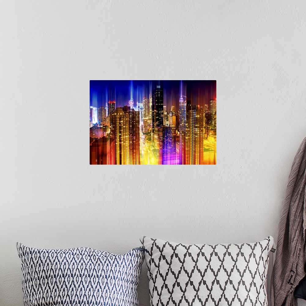 A bohemian room featuring New York City skyline lit up at night, with a layered effect creating a feeling of movement.