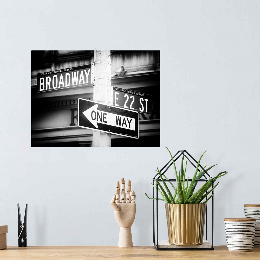 A bohemian room featuring A photograph of New York city street signs.