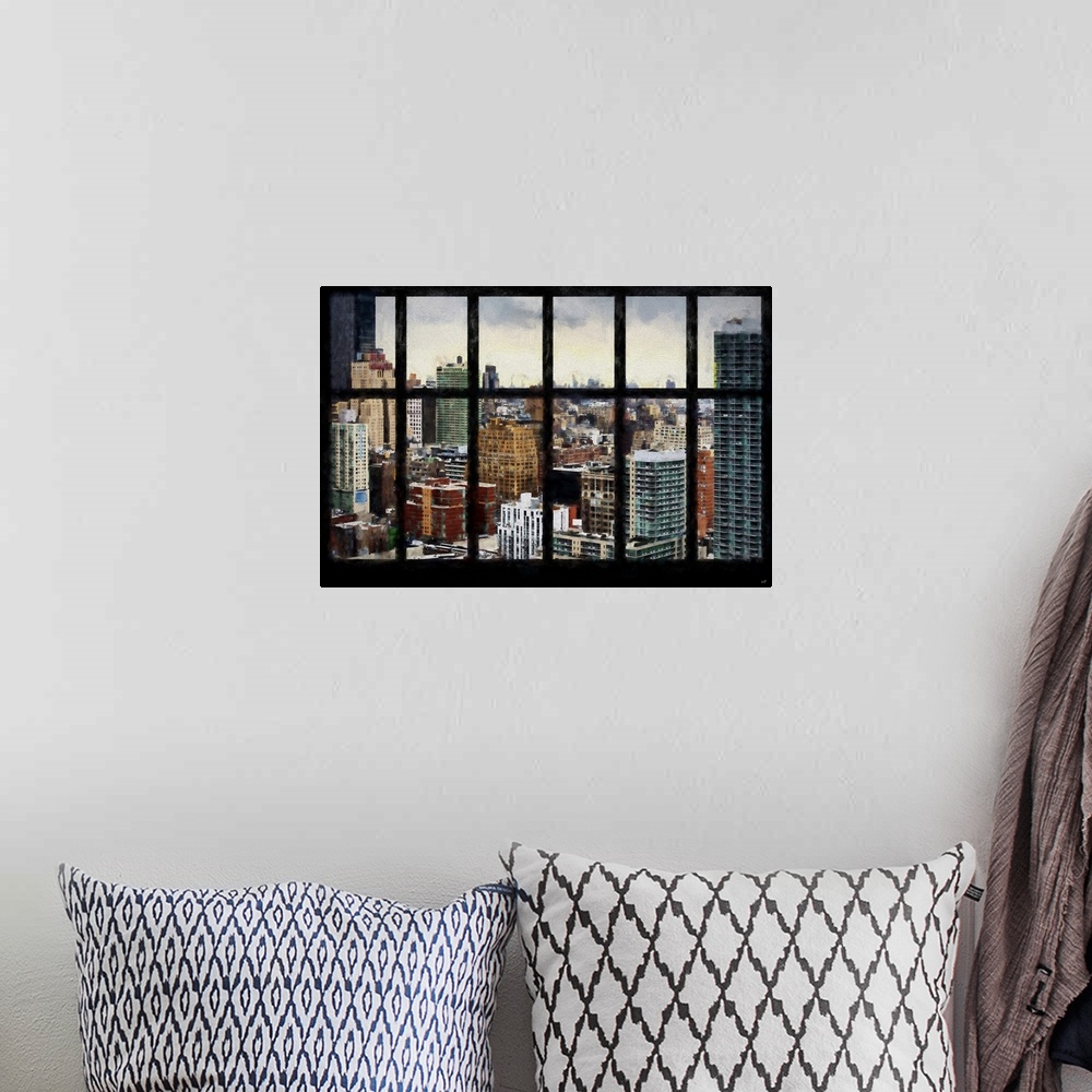 A bohemian room featuring Photograph with a painterly effect of NYC seen through a window.