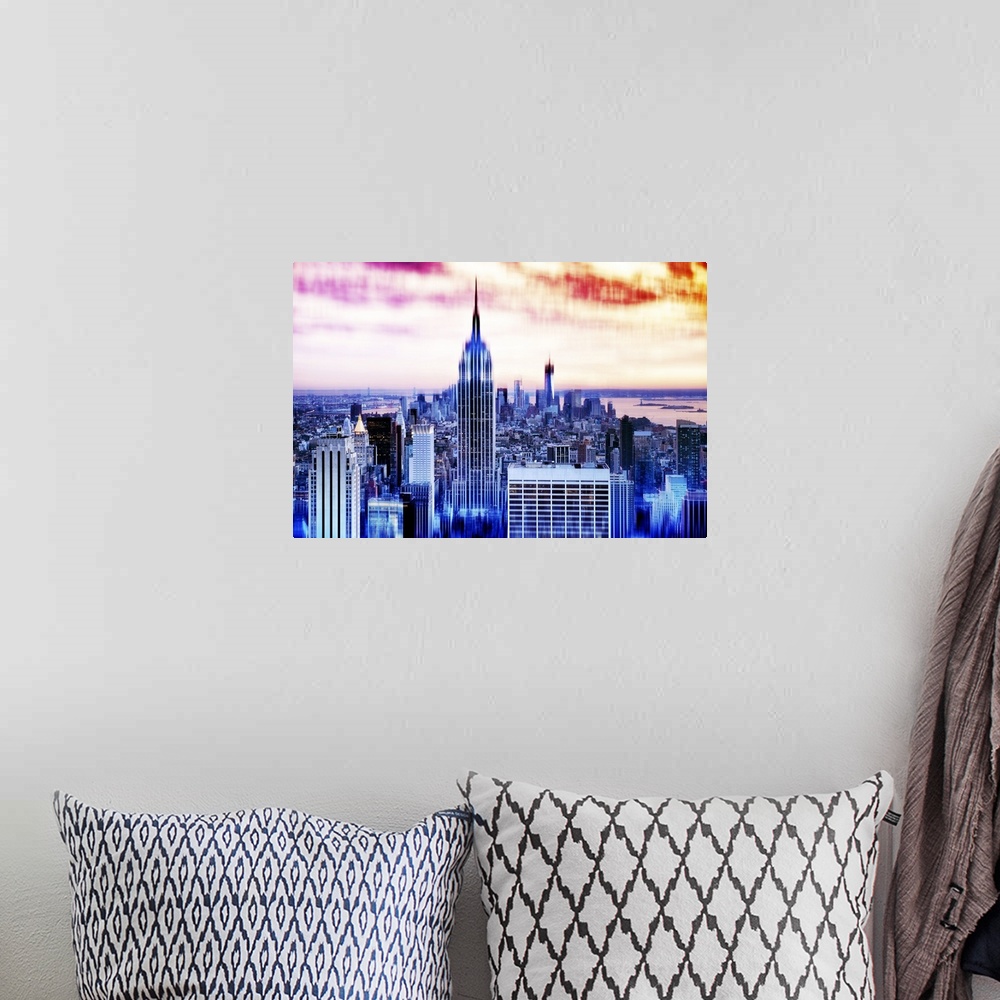 A bohemian room featuring Photo of the Manhattan skyline at sunset in the evening with a layered effect creating a feeling ...