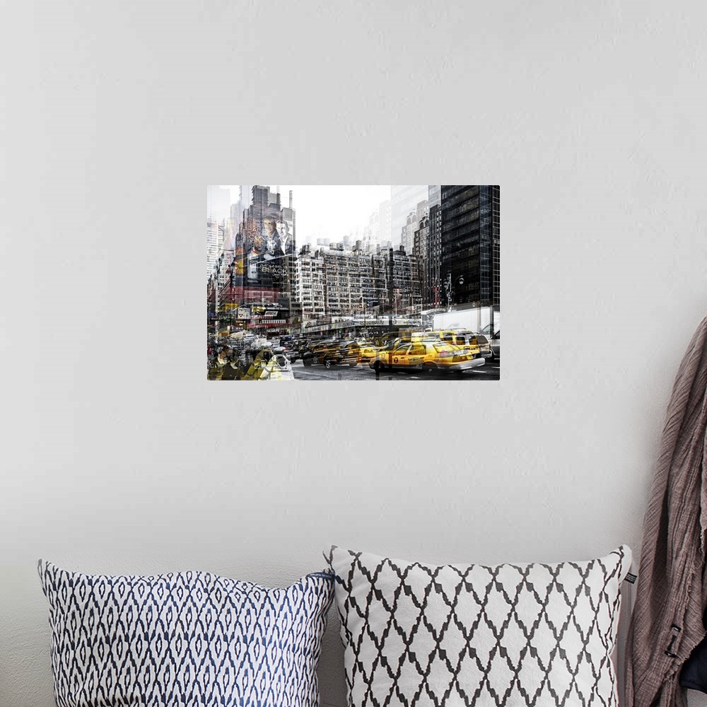 A bohemian room featuring Taxi cabs driving through New York City  with a layered effect creating a feeling of movement.