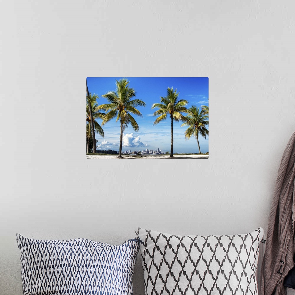 A bohemian room featuring Several palm trees on the coast with the city of Miami in the distance.