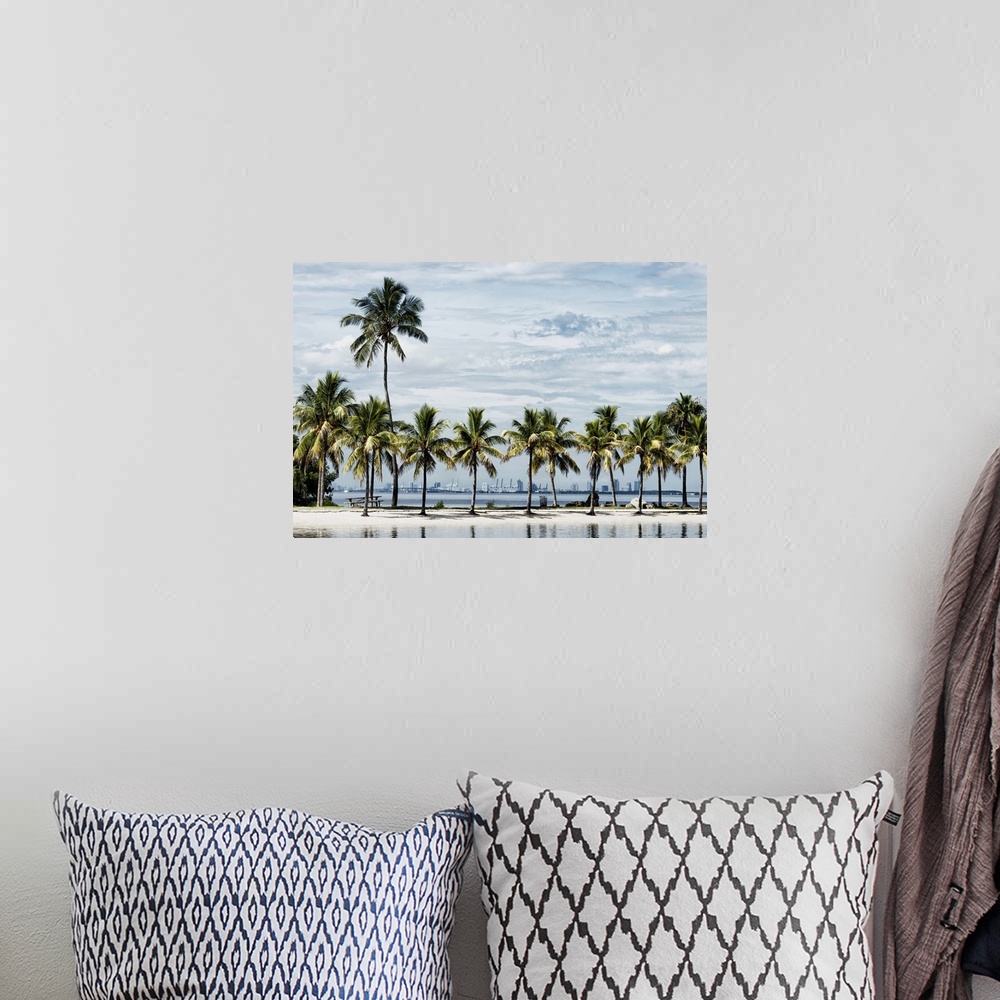 A bohemian room featuring A row of palm trees on the tropical beach in Miami.