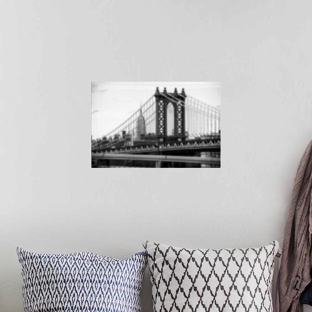 A bohemian room featuring Artistic photograph of the Manhattan bridge with a black and white pixel grain filter over the im...