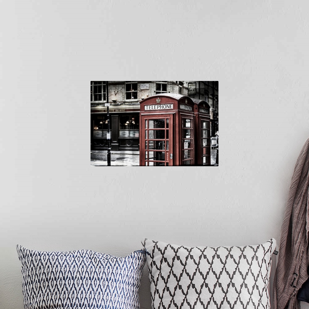 A bohemian room featuring Fine art photograph of an iconic red phone booth in London, England.