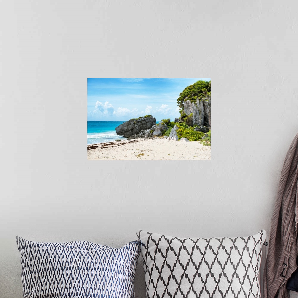 A bohemian room featuring Photograph of the Riviera Maya in Tulum, Mexico. From the Viva Mexico Collection.