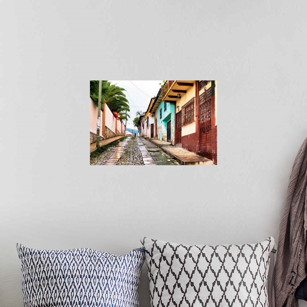 A bohemian room featuring Colorful streetscape photograph of San Cristobal de Las Casas in Chiapas, Mexico. From the Viva M...