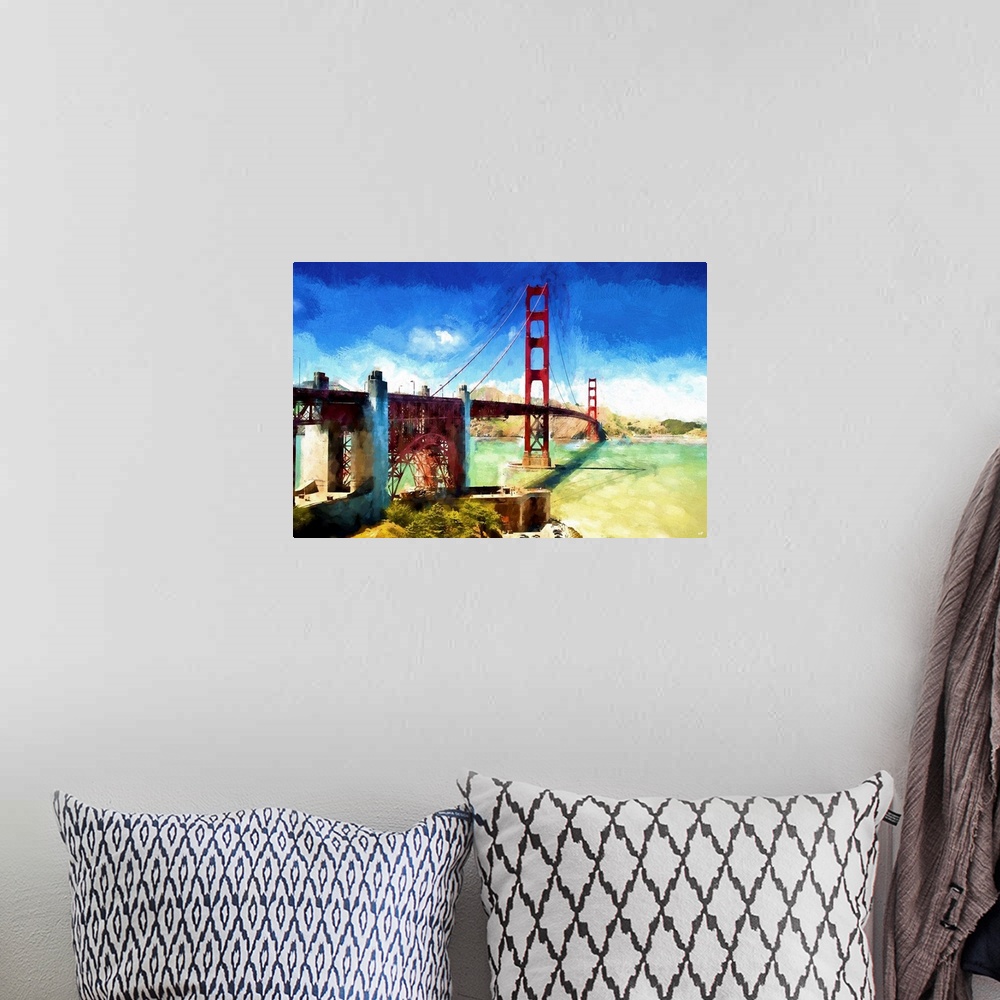 A bohemian room featuring A photograph with a painterly effect of San Francisco, California.