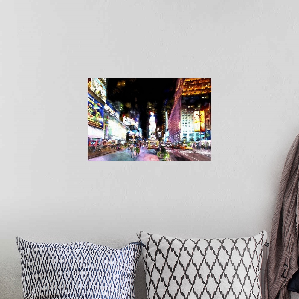 A bohemian room featuring Photograph with a painterly effect of New York city.