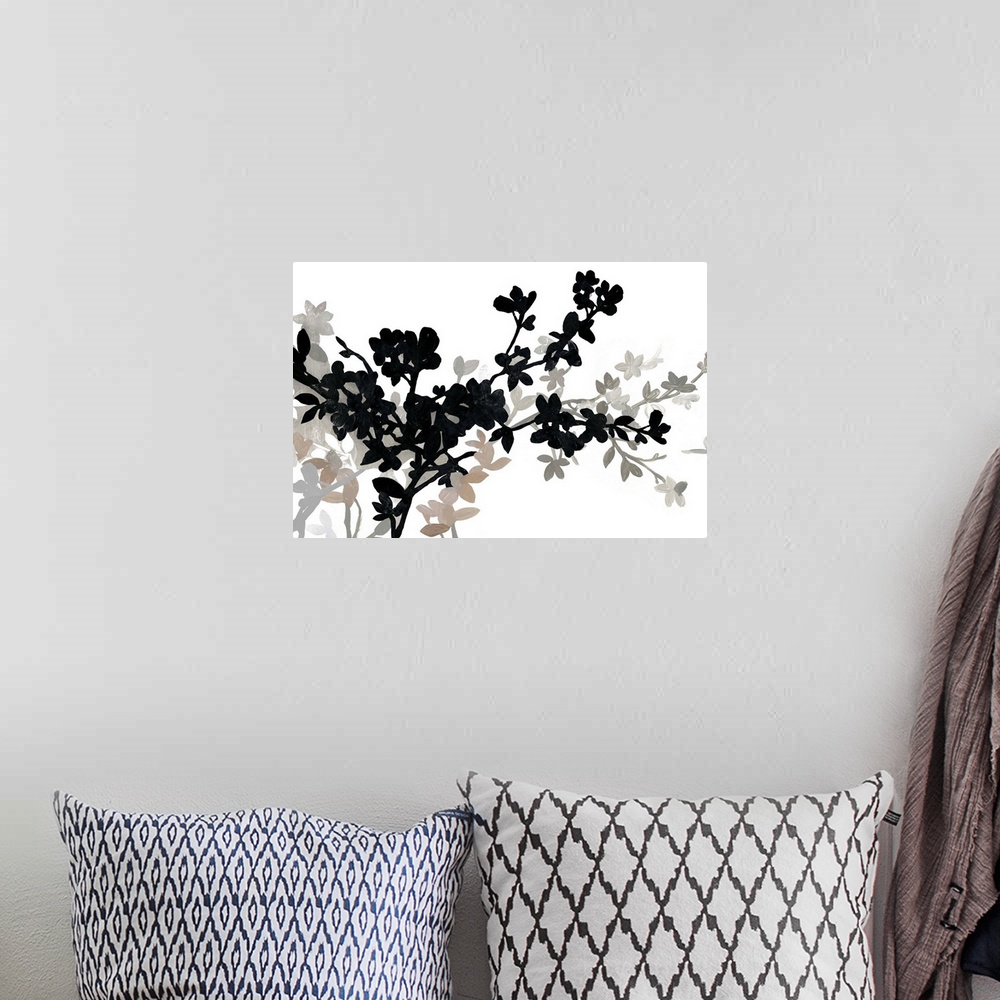 A bohemian room featuring A contemporary painting of apple blossoms in varies shades of black and gray.