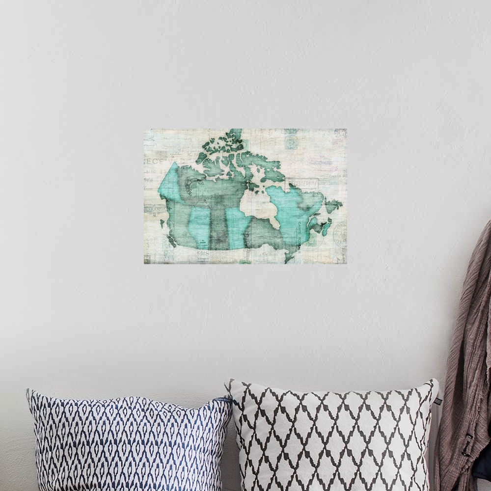 A bohemian room featuring Map of Canada's provinces in teal.