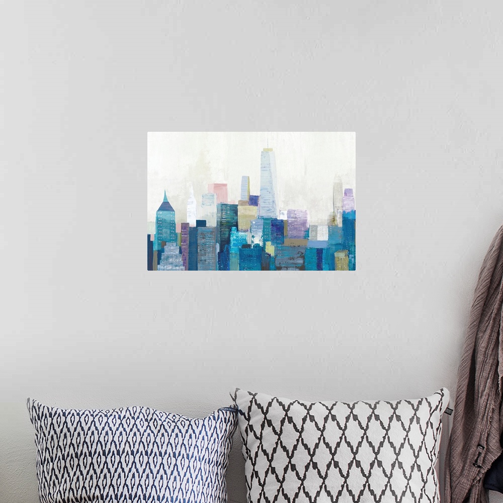 A bohemian room featuring A multi-color painting of the city skyline of New York City.