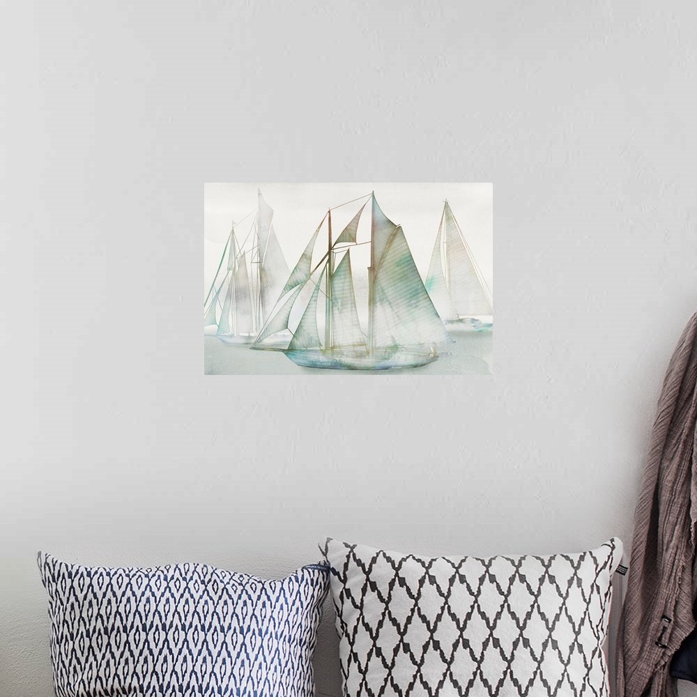 A bohemian room featuring Watercolor painting of several sailboats in the mist.