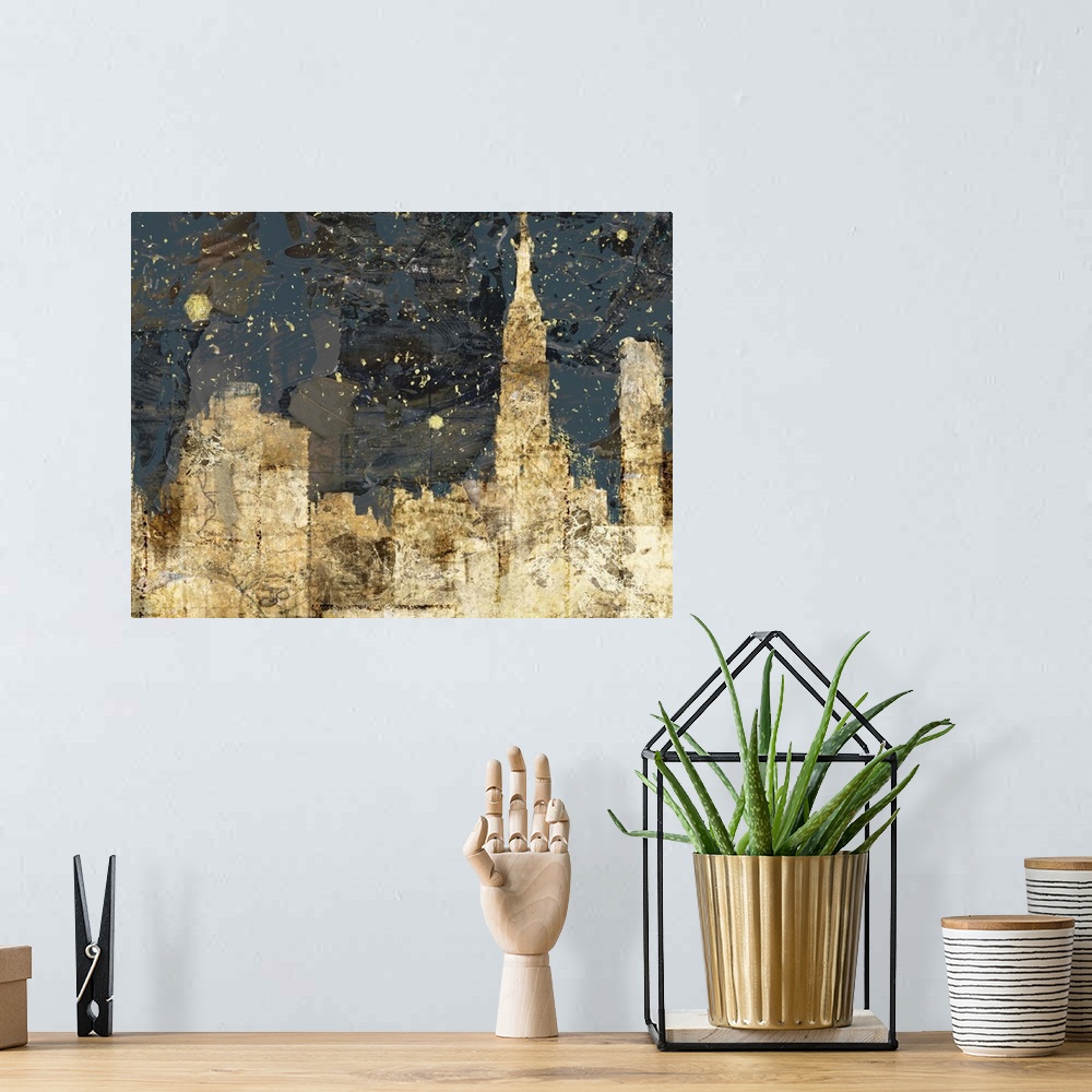A bohemian room featuring An abstract city night scene in golden textures.