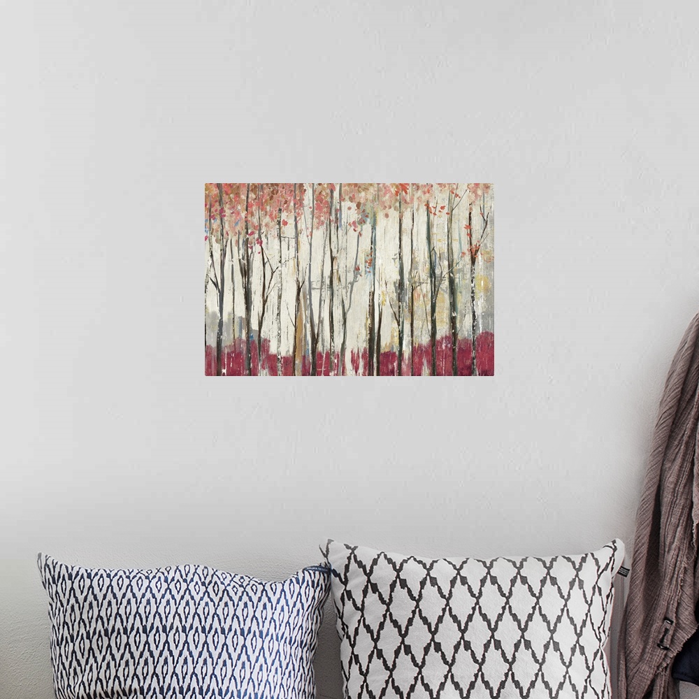 A bohemian room featuring Contemporary home decor artwork of a red forest.