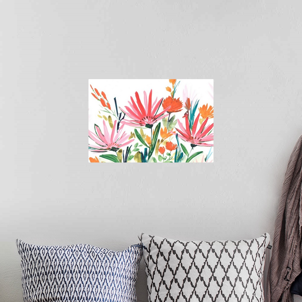 A bohemian room featuring A contemporary painting of bright flower blooms on leaf covered stems against a white backdrop.