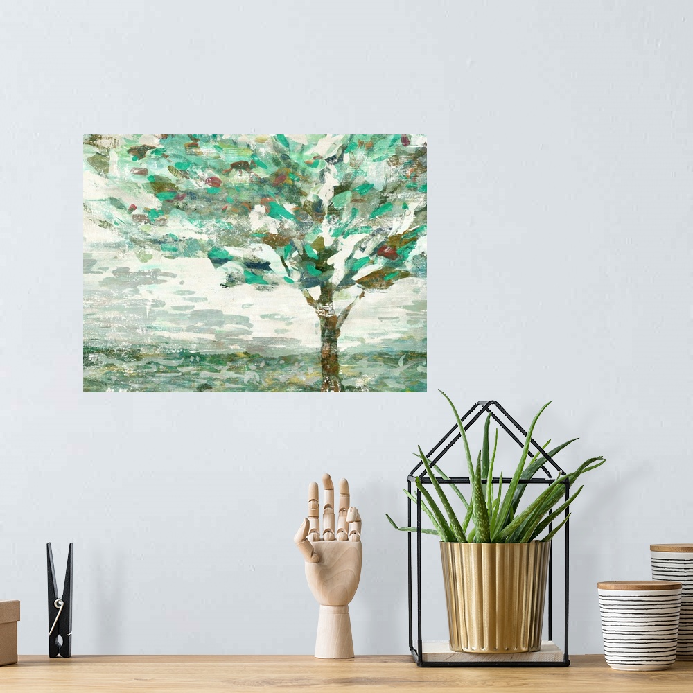 A bohemian room featuring Contemporary painting of a green tree with branches swaying in the wind.