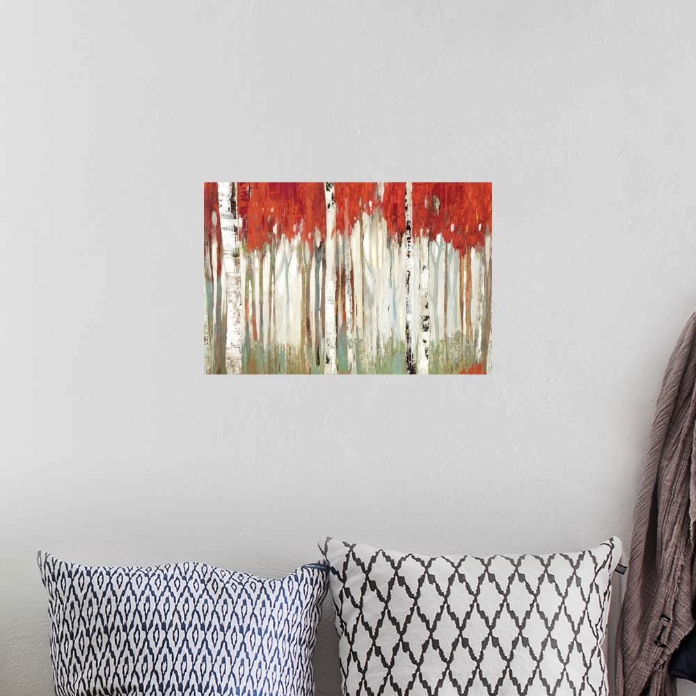 A bohemian room featuring Contemporary artwork of a white birch forest with vivid red leaves contrasting the pale green for...