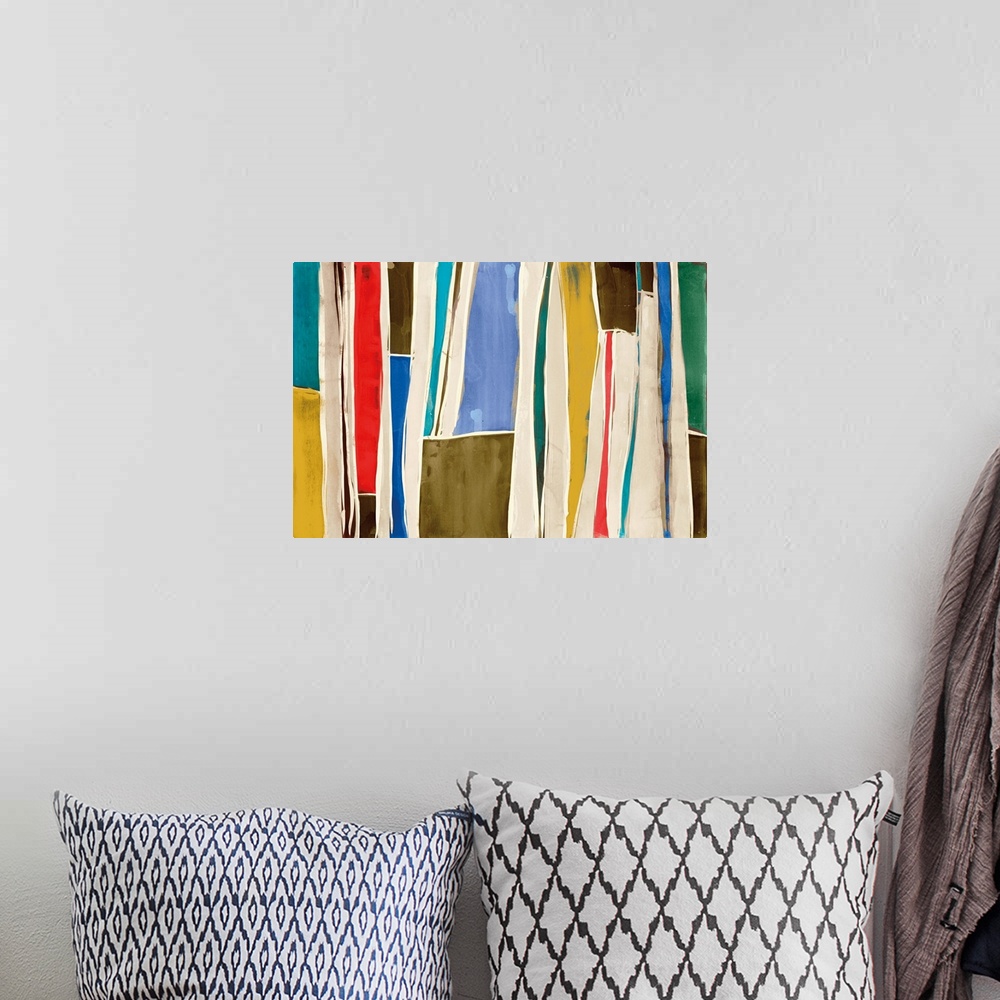 A bohemian room featuring Abstract contemporary painting in multicolor patches in vertical bands.