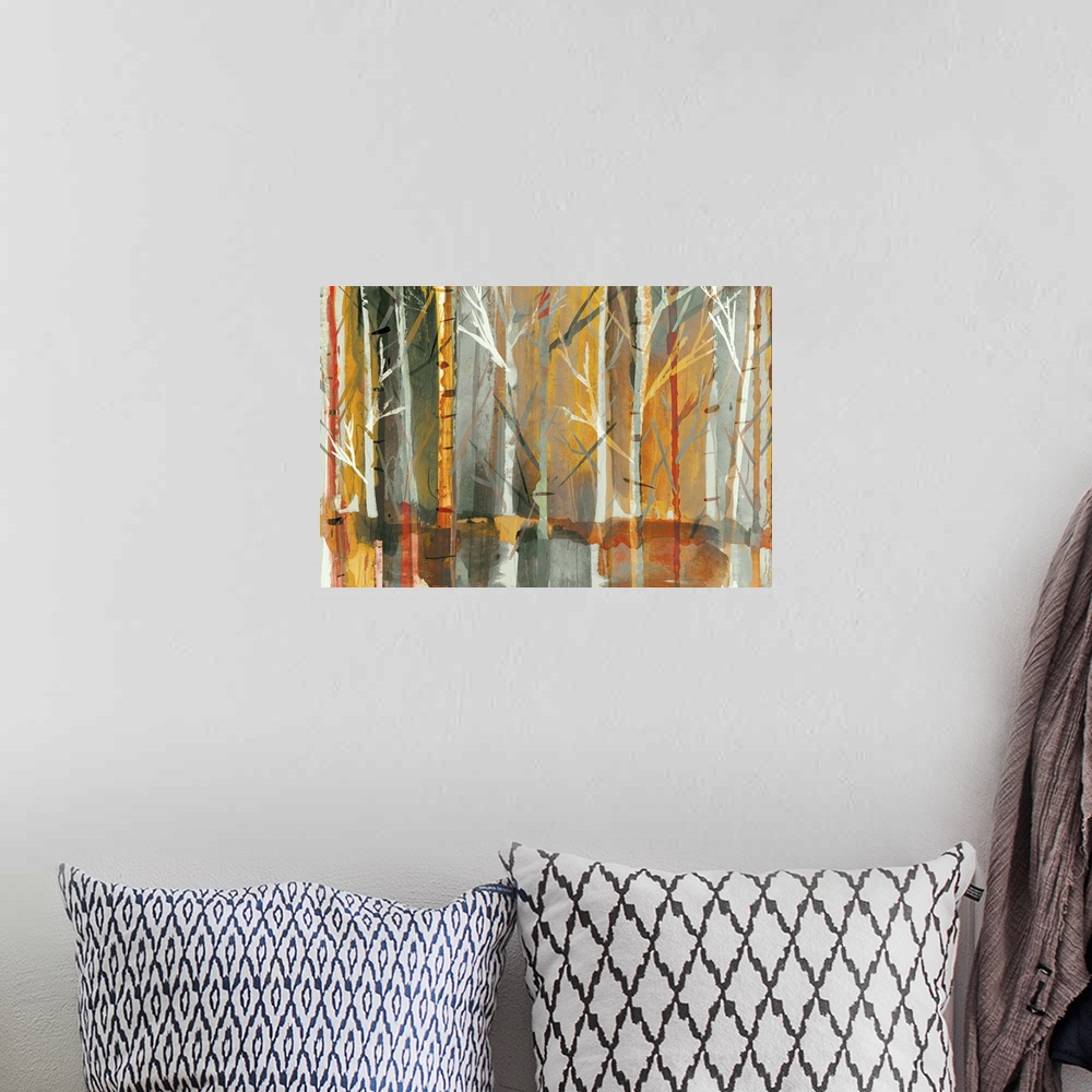 A bohemian room featuring Contemporary home decor artwork of a dense forest in rich warm tones.