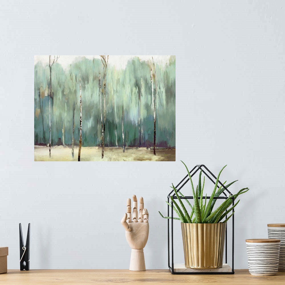 A bohemian room featuring Contemporary artwork of a jade forest with thin trees.