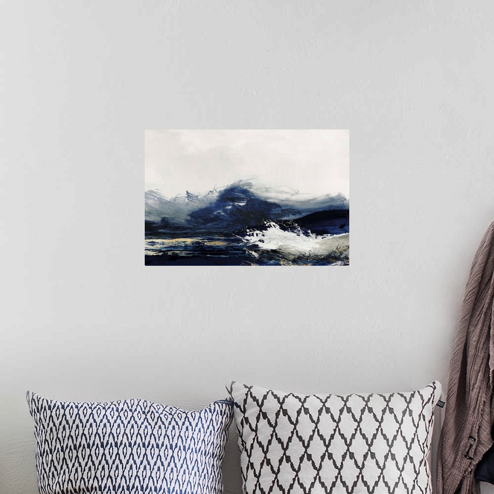 A bohemian room featuring Abstract painting with dark navy blue and white, resembling crashing waves.