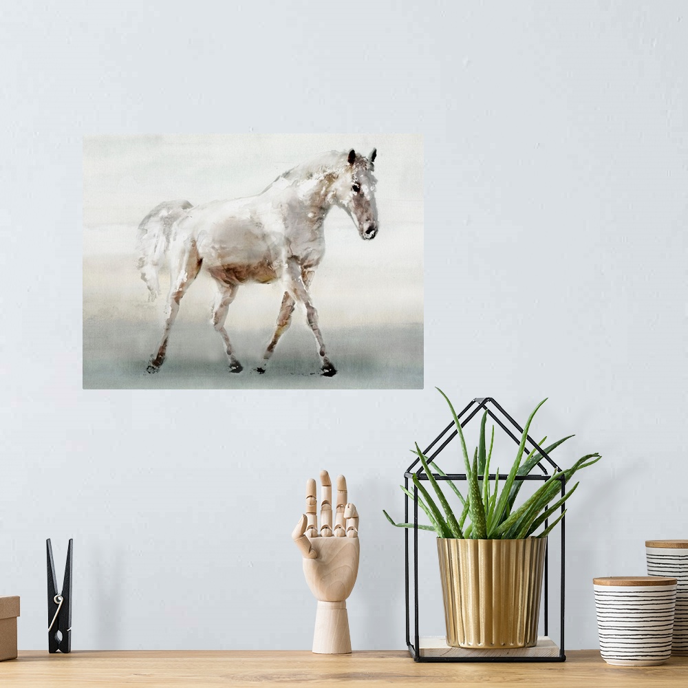 A bohemian room featuring Contemporary artwork of a white horse walking slowly.