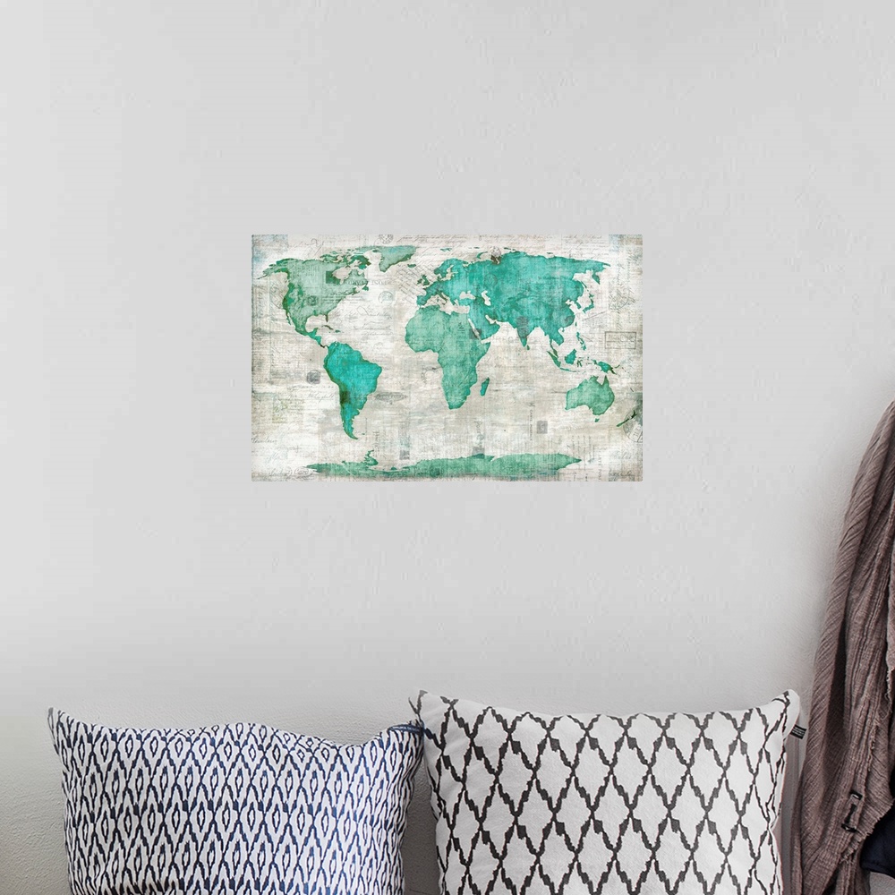 A bohemian room featuring Map of the world in teal with a weathered appearance.
