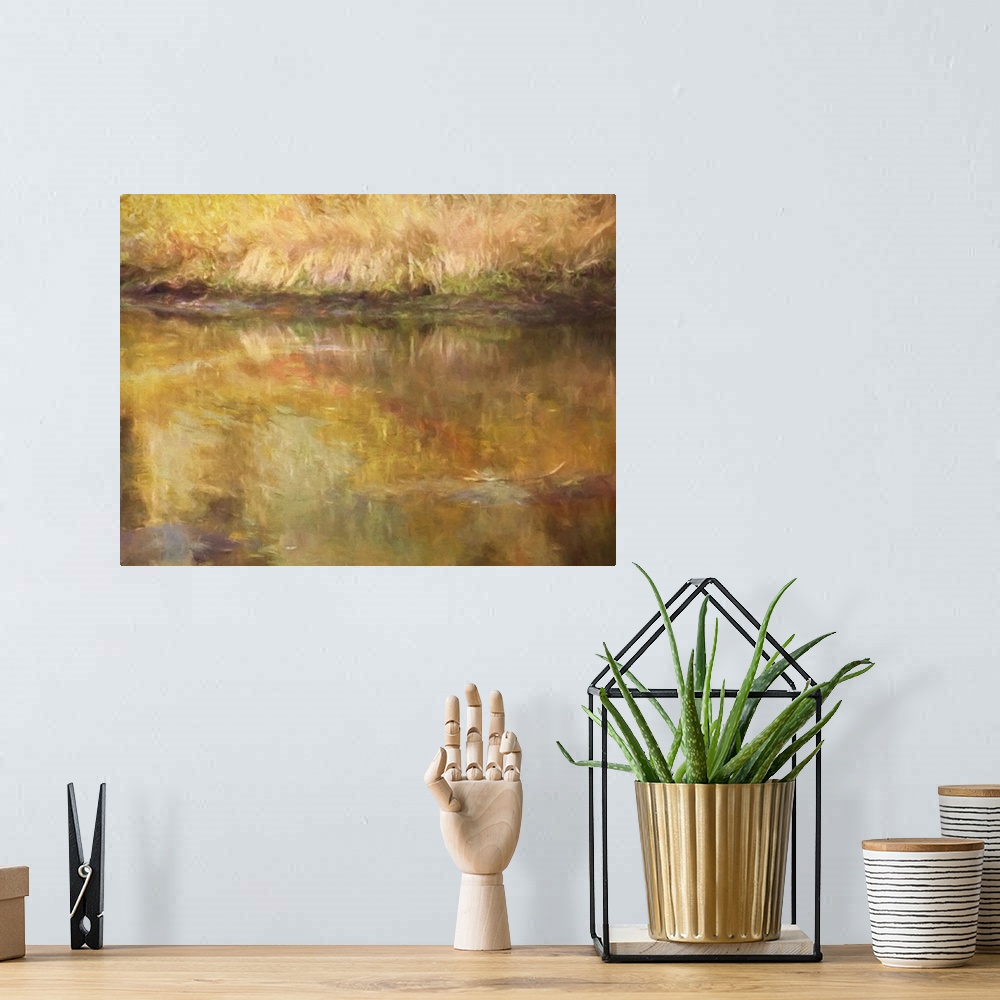 A bohemian room featuring Digital painting of a pond bank and water reflections in autumn.