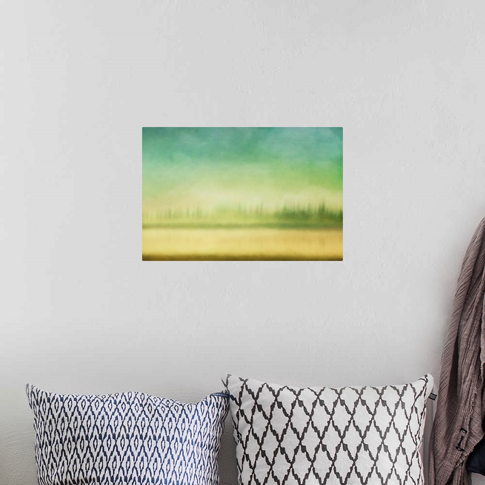 A bohemian room featuring Impressionist abstract landscape of the river bank and sky.
