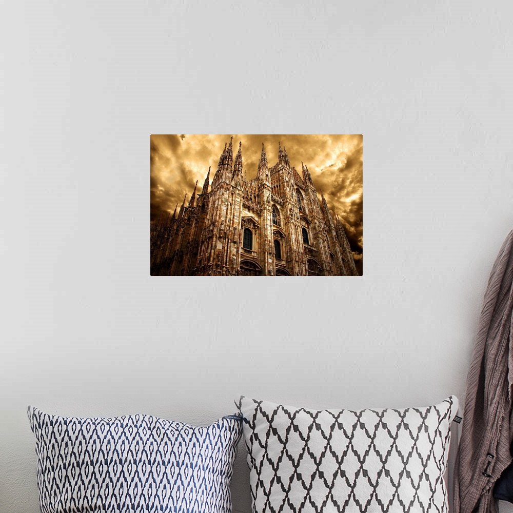 A bohemian room featuring Milan Cathedral under a cloudy sky in golden light.