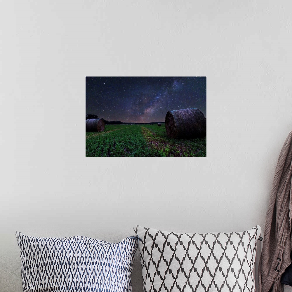 A bohemian room featuring Hay field in Nebraska under the beautiful night sky, with the Milky Way visible.