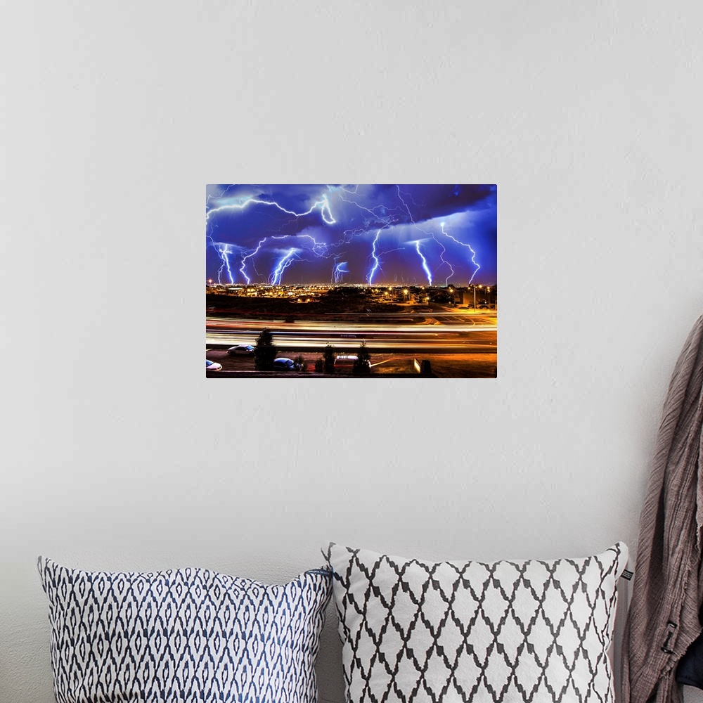 A bohemian room featuring Multiple exposures of a lightning storm over New Mexico.