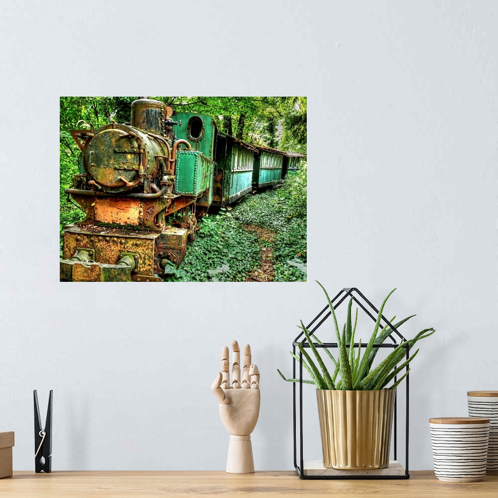 A bohemian room featuring An old, rusted green train in a forest in Baranja, Croatia.