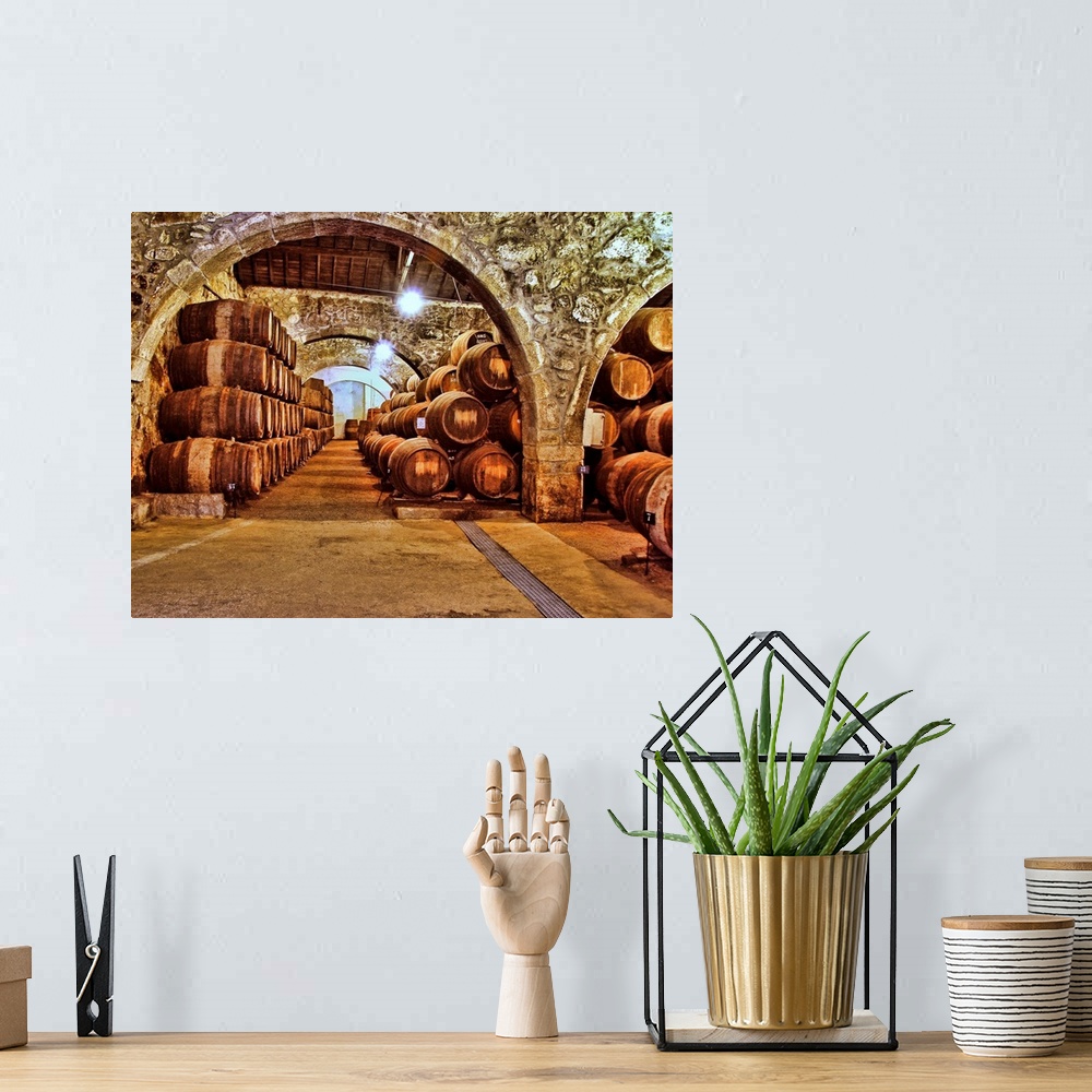 A bohemian room featuring Stone wine cellar filled with wooden barrels.