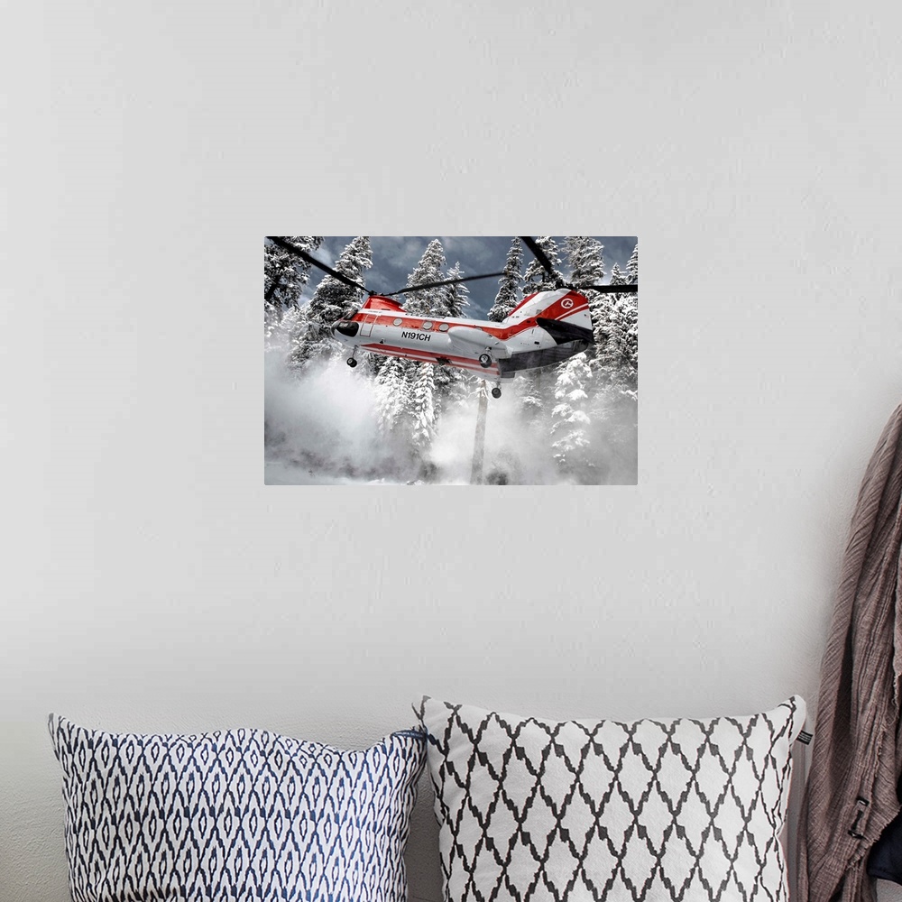 A bohemian room featuring A helicopter lifts up off the ground, sending snow flying away.