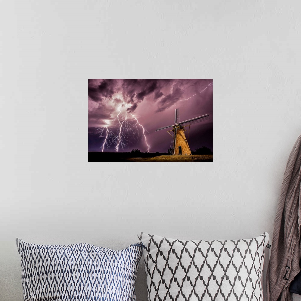 A bohemian room featuring Lightning storm over a windmill in Western Australia.