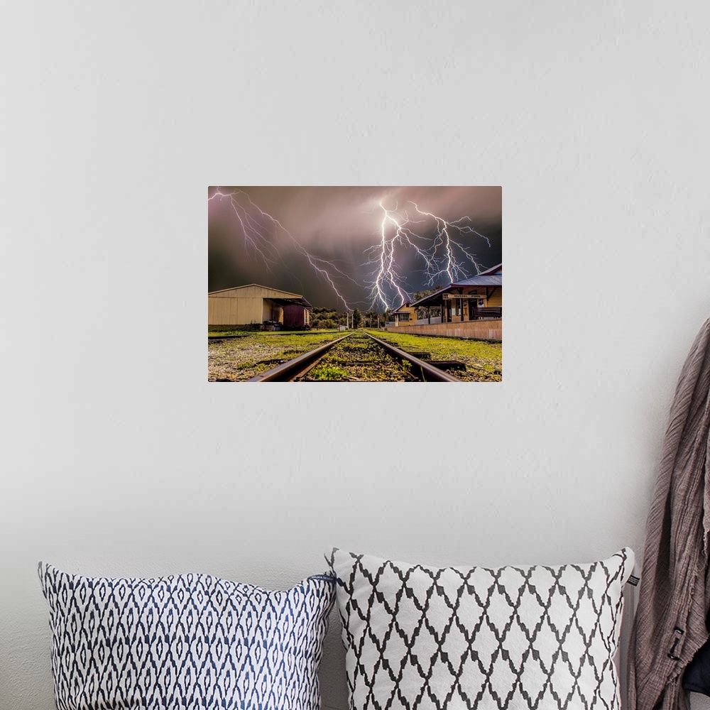A bohemian room featuring Lightning over Whiteman Park Train station, Perth, Western Australia.
