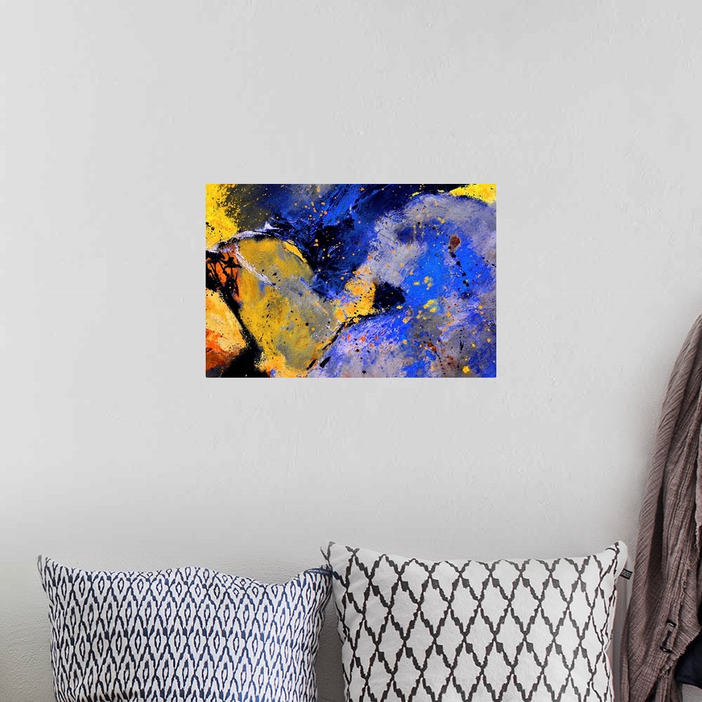 A bohemian room featuring Abstract painting in dark shades of black, blue, white and yellow with splatters of paint overlap...