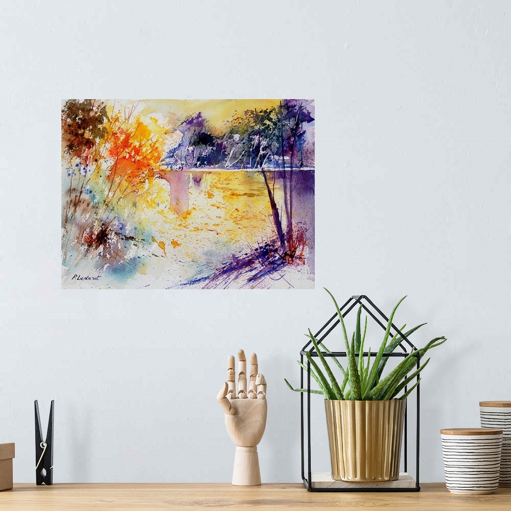 A bohemian room featuring A watercolor painting done in bright primary colors of a pond framed by trees.
