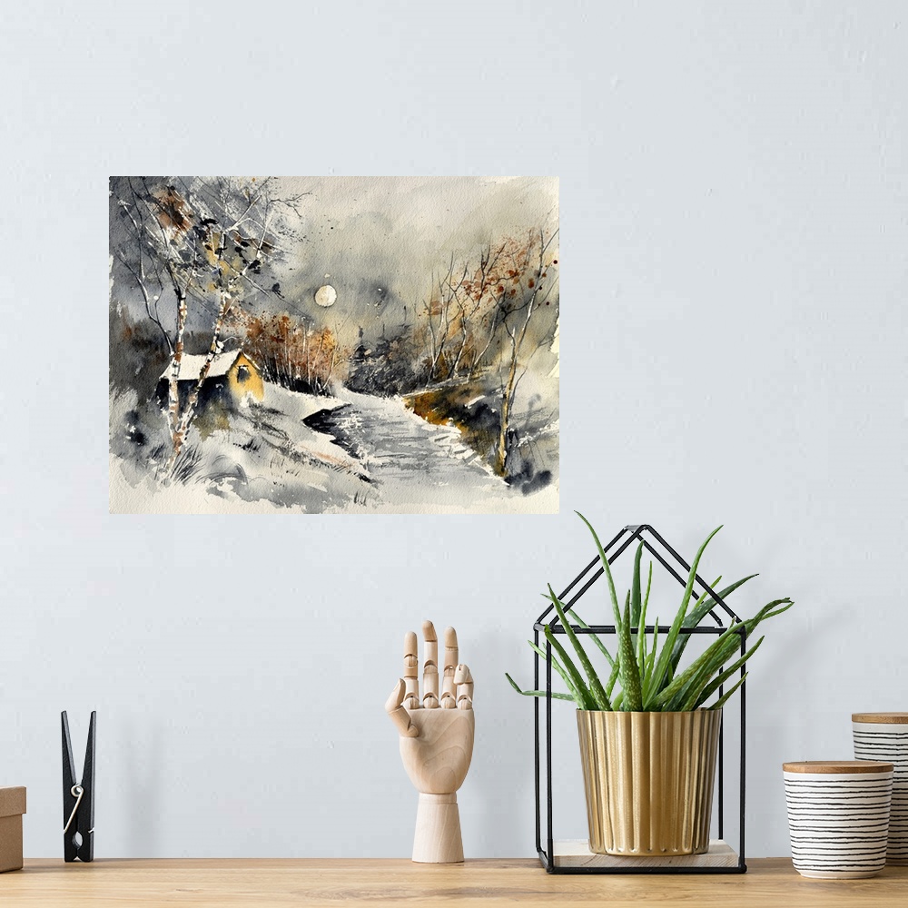 A bohemian room featuring A horizontal watercolor landscape of a small house next to a river with muted colors.