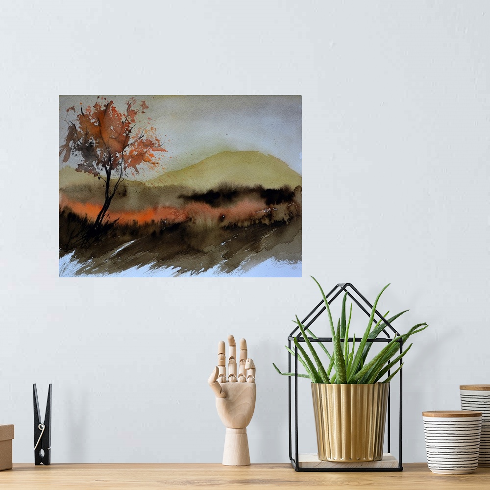 A bohemian room featuring A watercolor painting done in muted colors of a tree in a field with mountains in the background.