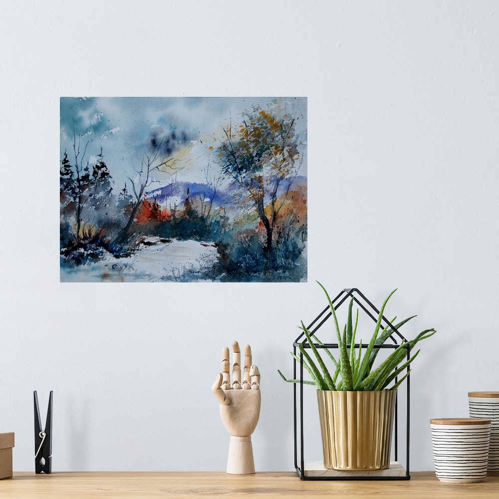 A bohemian room featuring A contemporary painting of a stream framed by trees in the countryside.